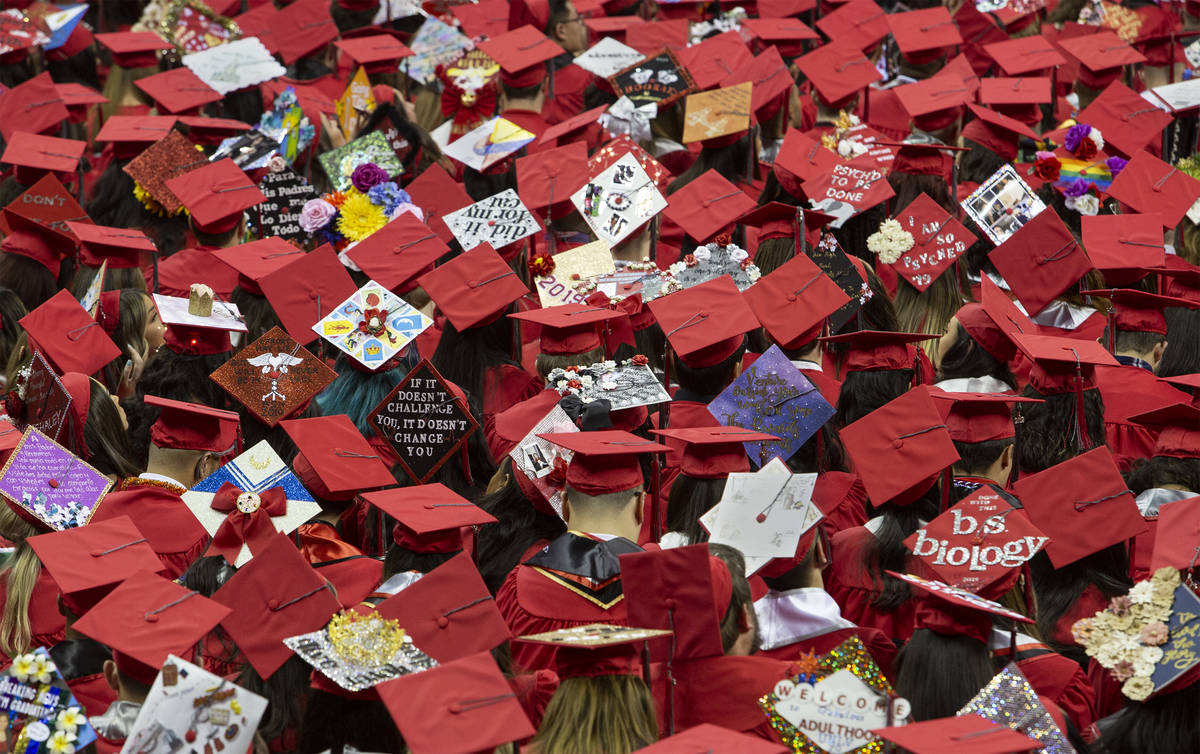 Graduation hats at UNLV's winter commencement on Tuesday, Dec. 17, 2019, in Las Vegas. (Ellen S ...