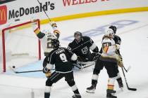 Los Angeles Kings goaltender Jonathan Quick, center, gives up a goal to Vegas Golden Knights ce ...