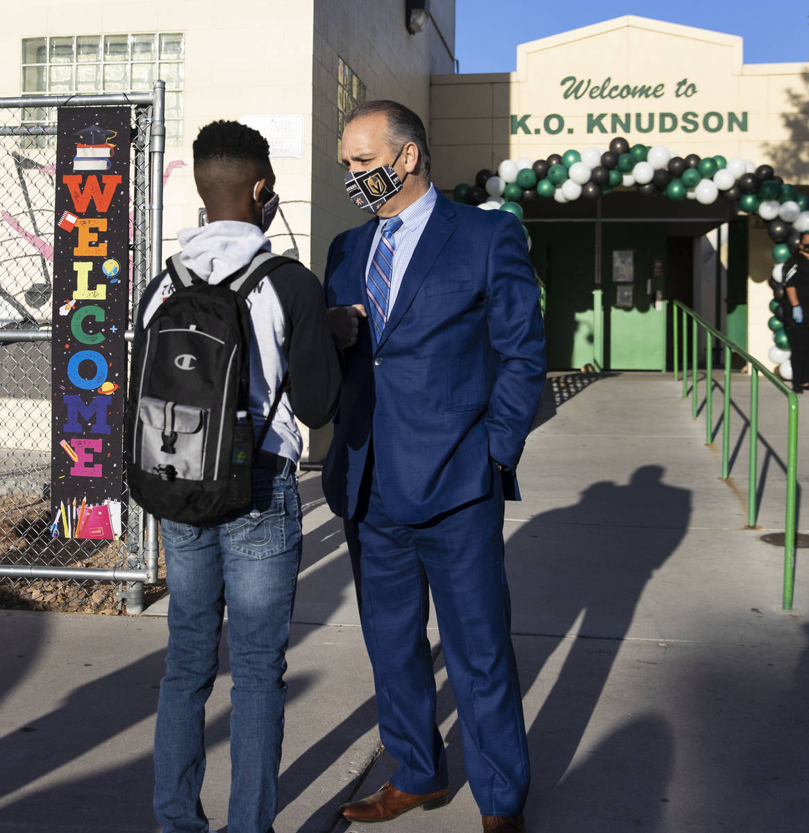 Clark County School District Superintendent Jesus Jara, greets K.O. Knudson Academy of the Arts ...