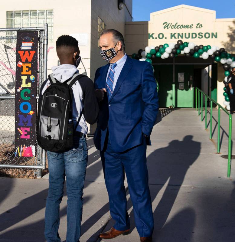 Clark County School District Superintendent Jesus Jara, greets K.O. Knudson Academy of the Arts ...