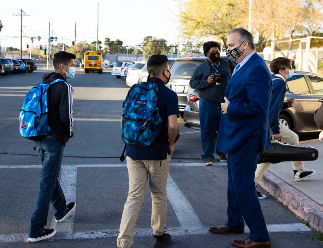 Clark County School District Superintendent Jesus Jara, greets K.O. Knudson Academy of the Arts ...