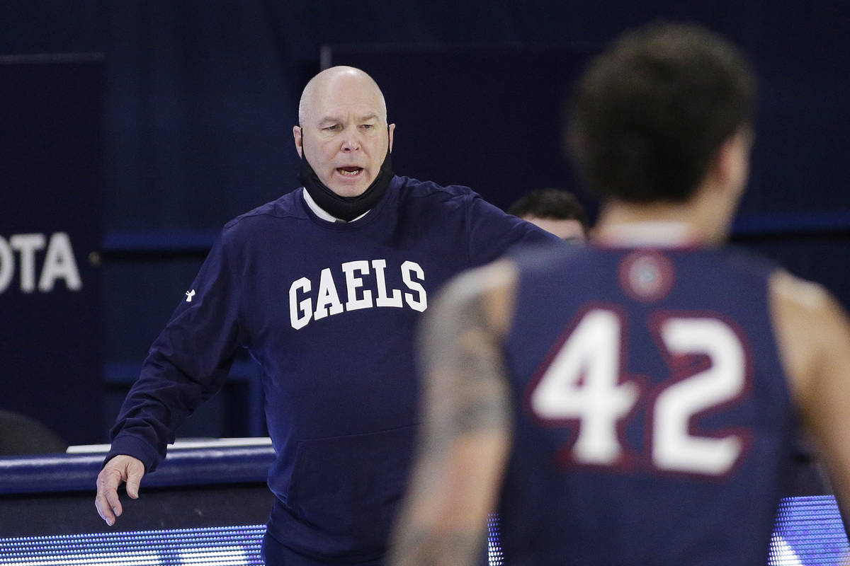 Saint Mary's head coach Randy Bennett directs his players during the second half of an NCAA col ...