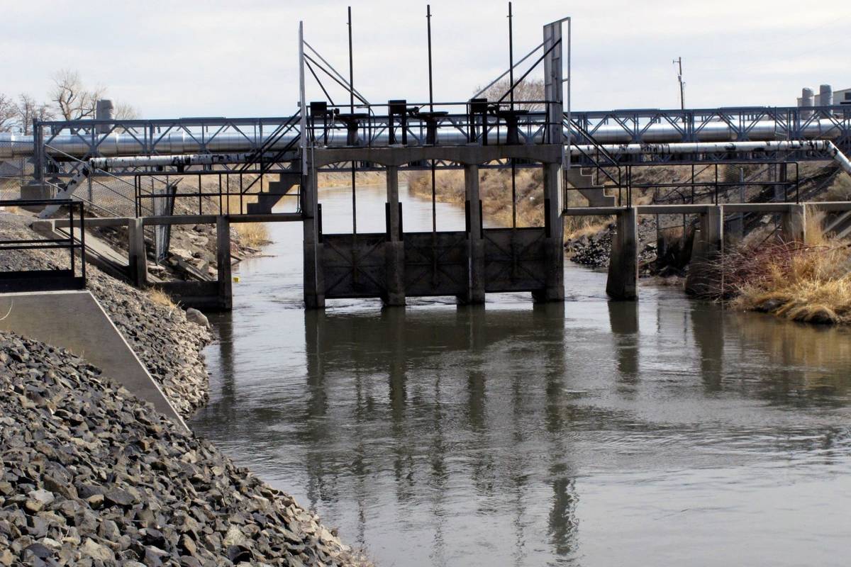 Water flows a control gate in an irrigation canal Thursday, March 18, 2021 in Fernley. (AP Phot ...