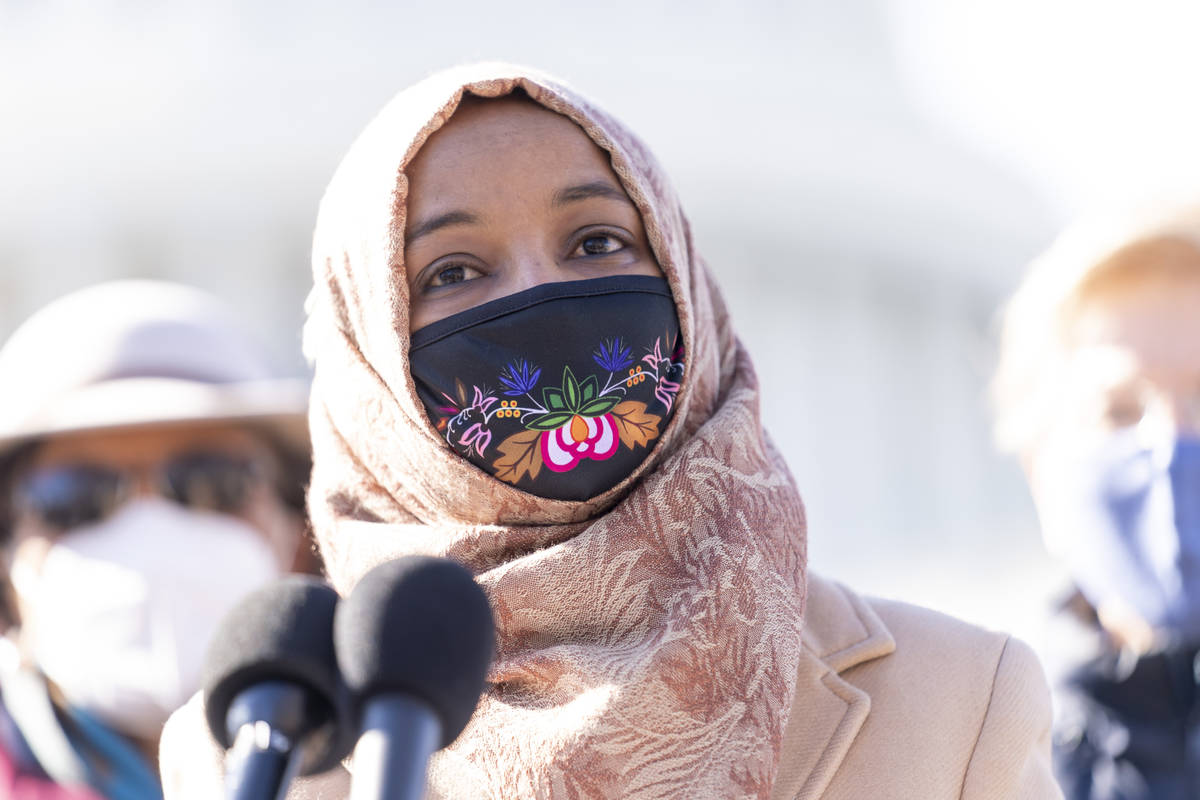 FILE - In this Feb. 4, 2021, file photo, Rep. Ilhan Omar, D-Minn., speaks at a news conference ...