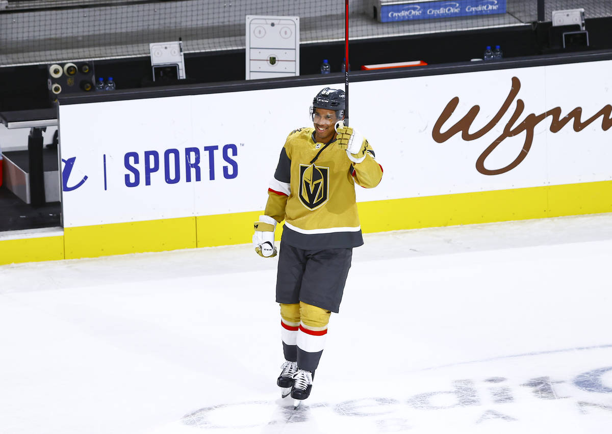 Golden Knights' Keegan Kolesar celebrates after a hockey game where he scored his first NHL goa ...