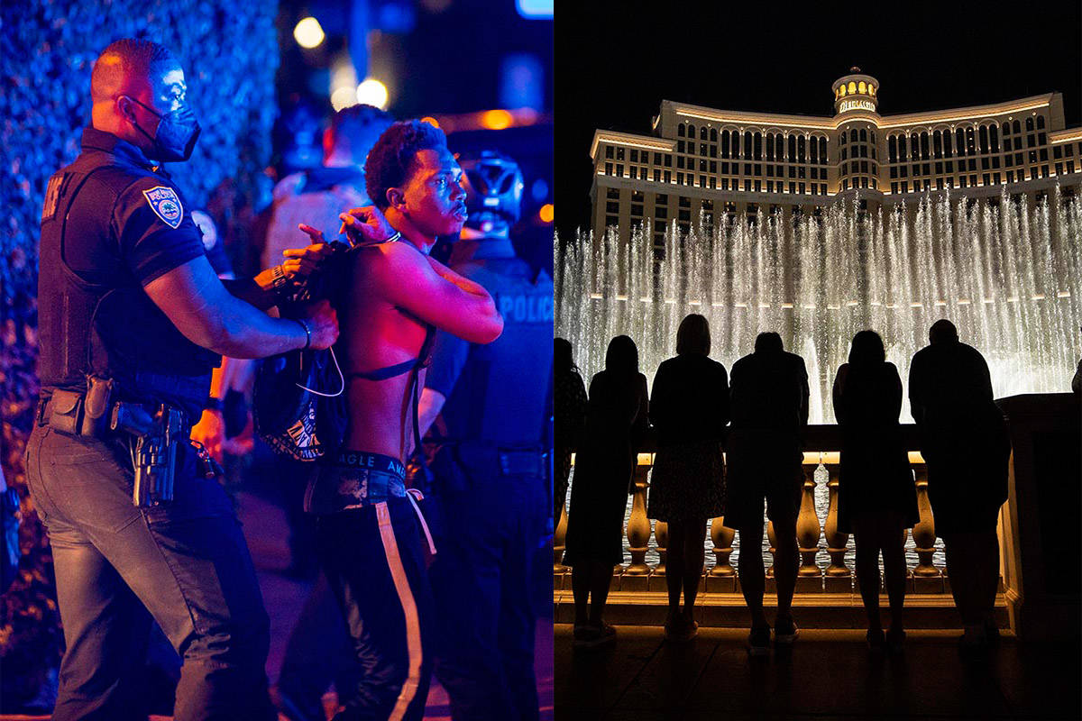 At left, a man is arrested in Miami Beach, Florida, on Sunday, March 21, 2021. At right, people ...