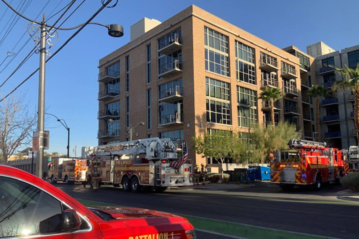 Crews battle a second-floor apartment fire Monday, March 22, 2021, at Juhl, 353 E. Bonneville A ...