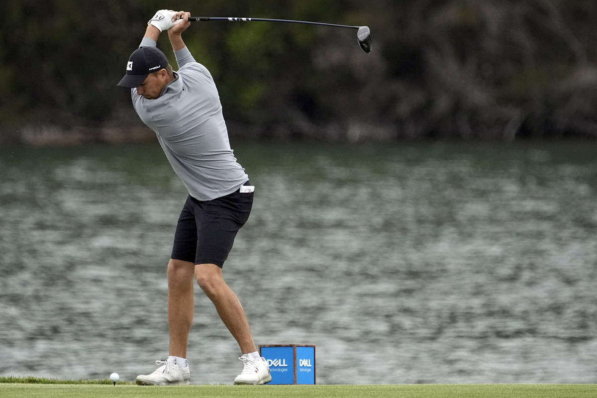 Jordan Spieth hits his tee shot on the 14th hole during a practice round for the Dell Technolog ...