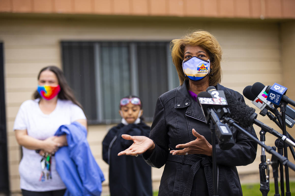 North Las Vegas Councilwoman Pamela Goynes-Brown talks about the firefighters who assisted a fa ...