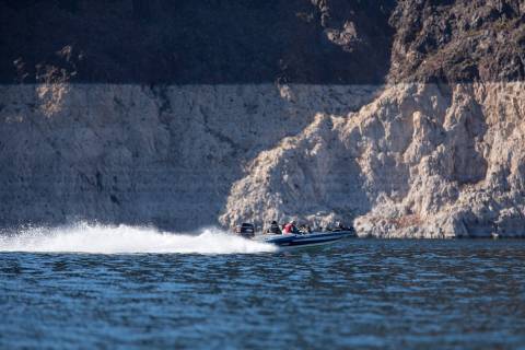 A boat cruises through The Narrows at Lake Mead National Recreation Area outside of Las Vegas, ...