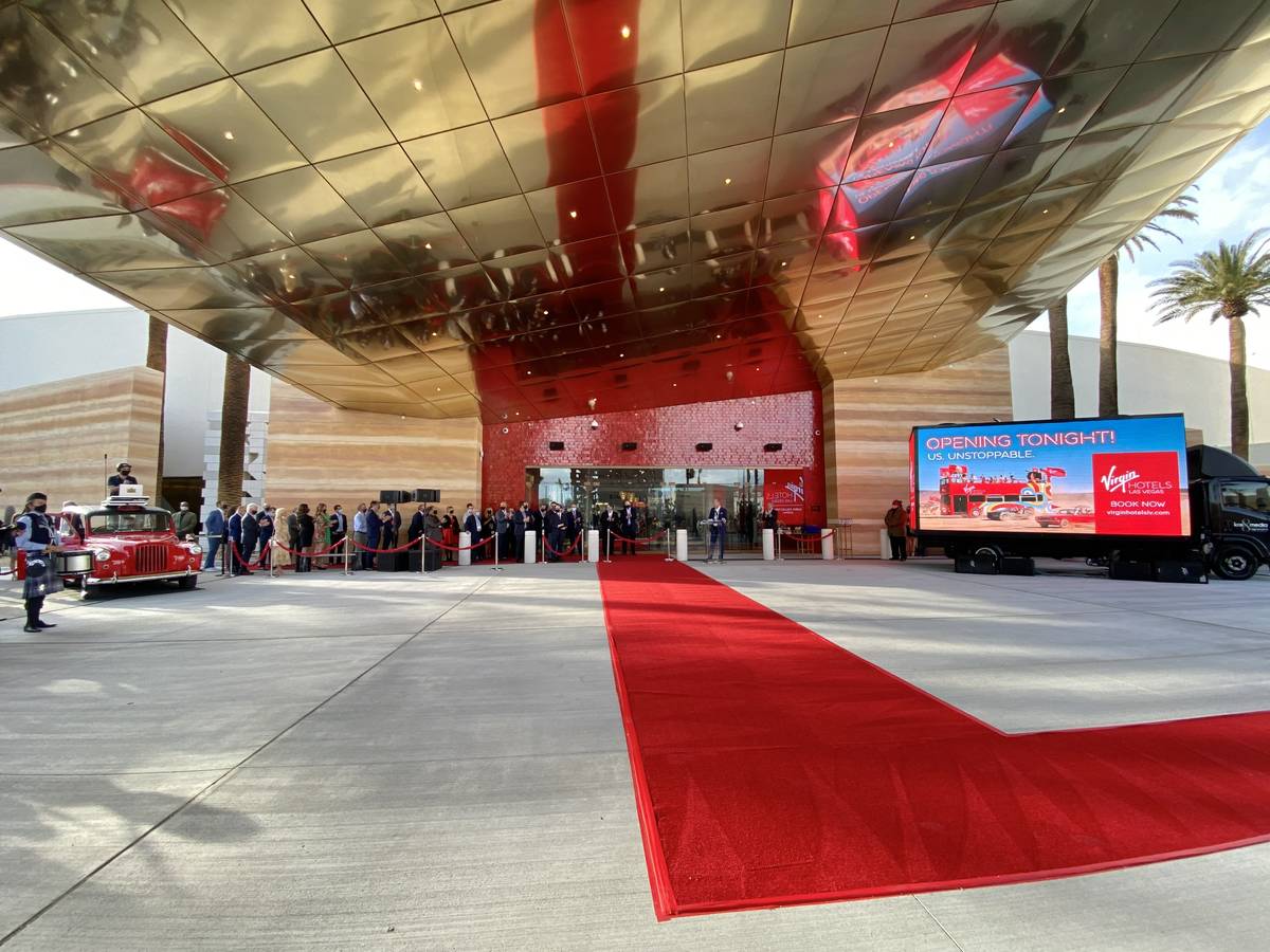 Guests await the opening of Virgin Hotels Las Vegas on on Thursday, March 25, 2021. (L.E. Basko ...