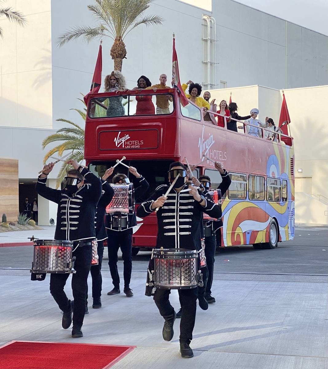 Drummers and dancers arrive for the opening of Virgin Hotels Las Vegas on Thursday, March 25, 2 ...