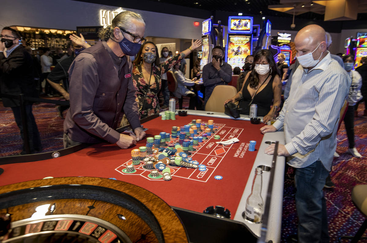 Stacked chips are accidentally overturned at a roulette table during the Virgin Hotels Las Vega ...