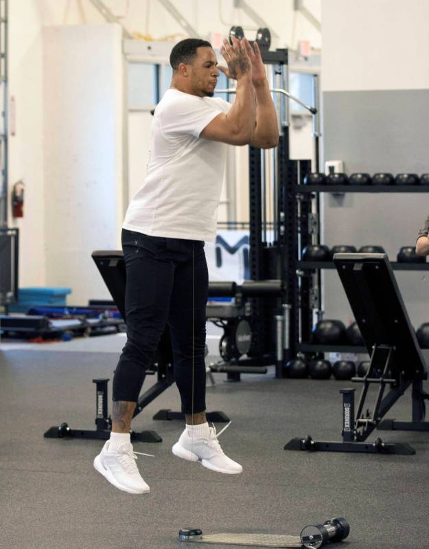 Las Vegas Raiders safety Johnathan Abram works out at the Institute of Human Performance, on We ...