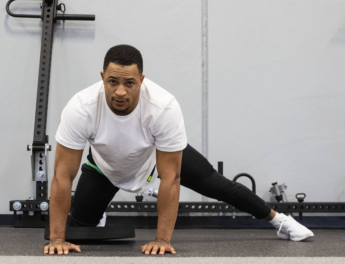 Las Vegas Raiders safety Johnathan Abram works out at the Institute of Human Performance, on We ...