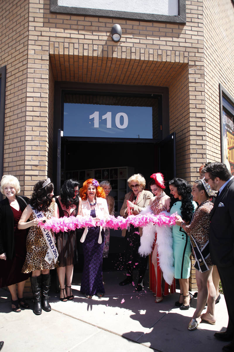 Las Vegas Mayor Carolyn Goodman cuts the pink boa to formally open the Burlesque Hall of Fame i ...