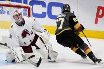 Colorado Avalanche goaltender Philipp Grubauer (31) reacts after Vegas Golden Knights left wing ...