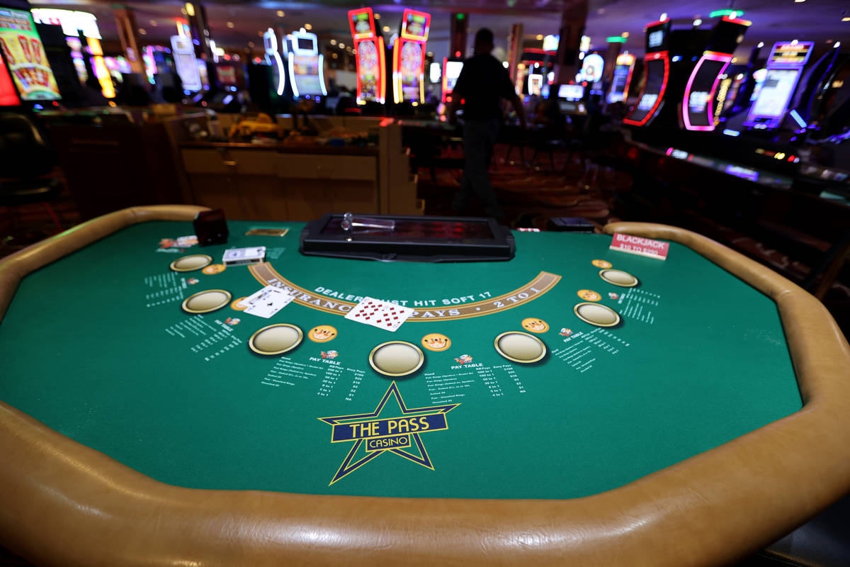 A blackjack table at The Pass on historic Water Street in downtown Henderson Monday, March 29, ...