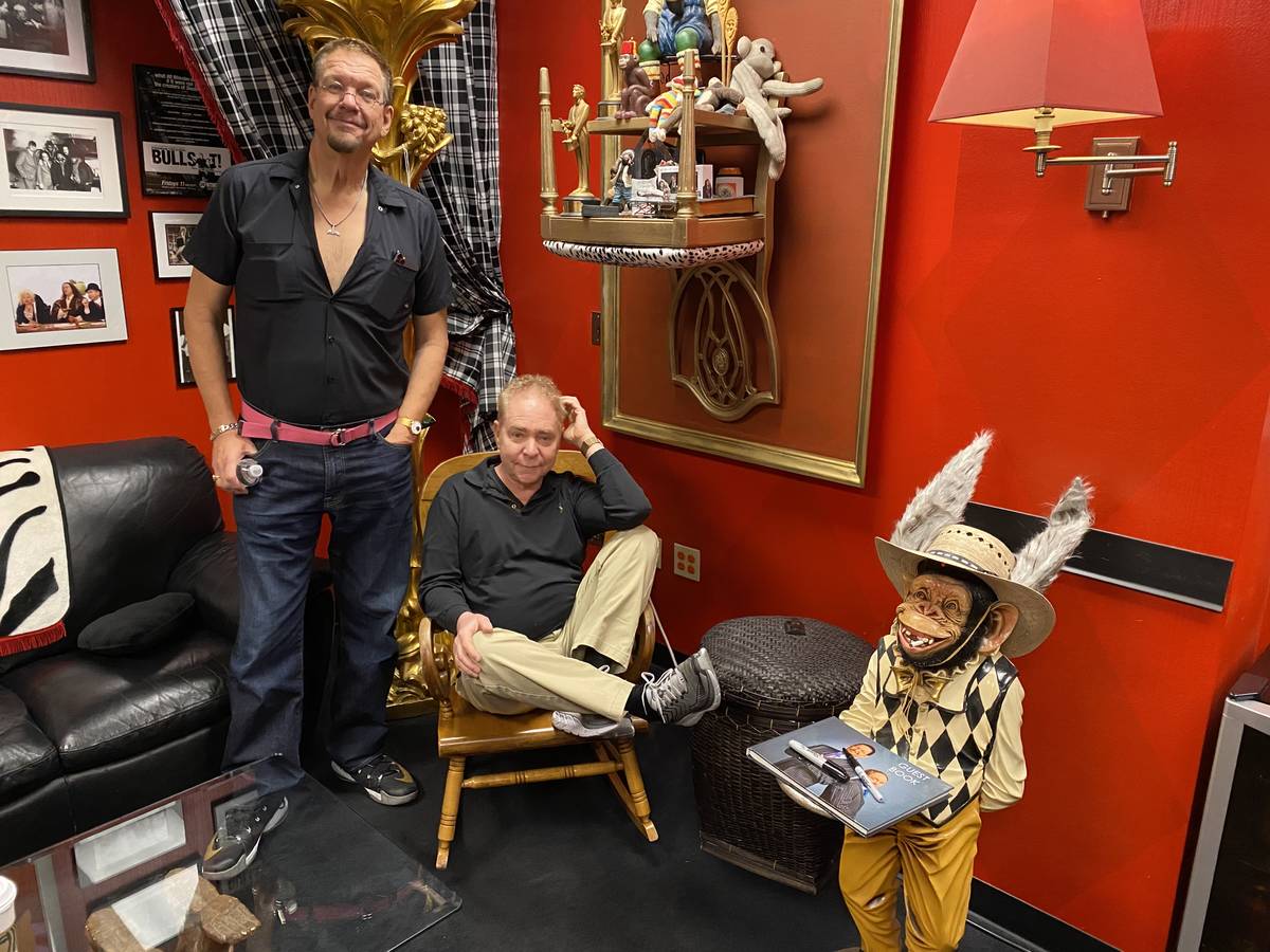 Penn & Teller are shown in the Monkey Room at the Rio on Tuesday, Feb. 25, 2020. (John Katsilom ...