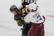 Vegas Golden Knights right wing Keegan Kolesar (55) fights Colorado Avalanche defenseman Dan Re ...