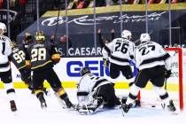 Los Angeles Kings goaltender Jonathan Quick (32) gives up a goal to Golden Knights' Tomas Nosek ...