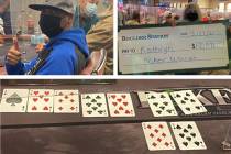 John Gardner, top left, celebrates his winning hand of four 8s for $41,081, and Kathryn holds h ...