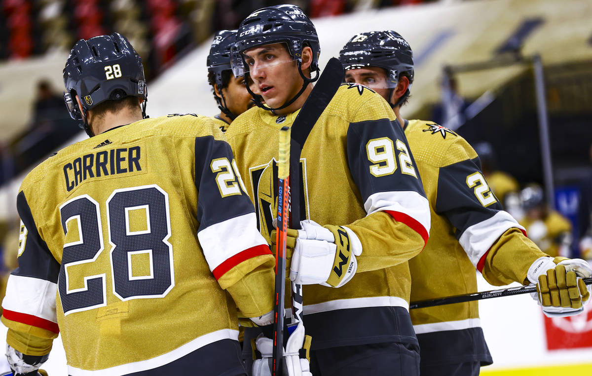 Golden Knights left wing Tomas Nosek (92) looks on during the second period of an NHL hockey ga ...