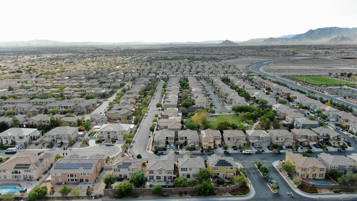 An aerial view of housing developments near FIron Mountain Road and North Skye Canyon Park Driv ...