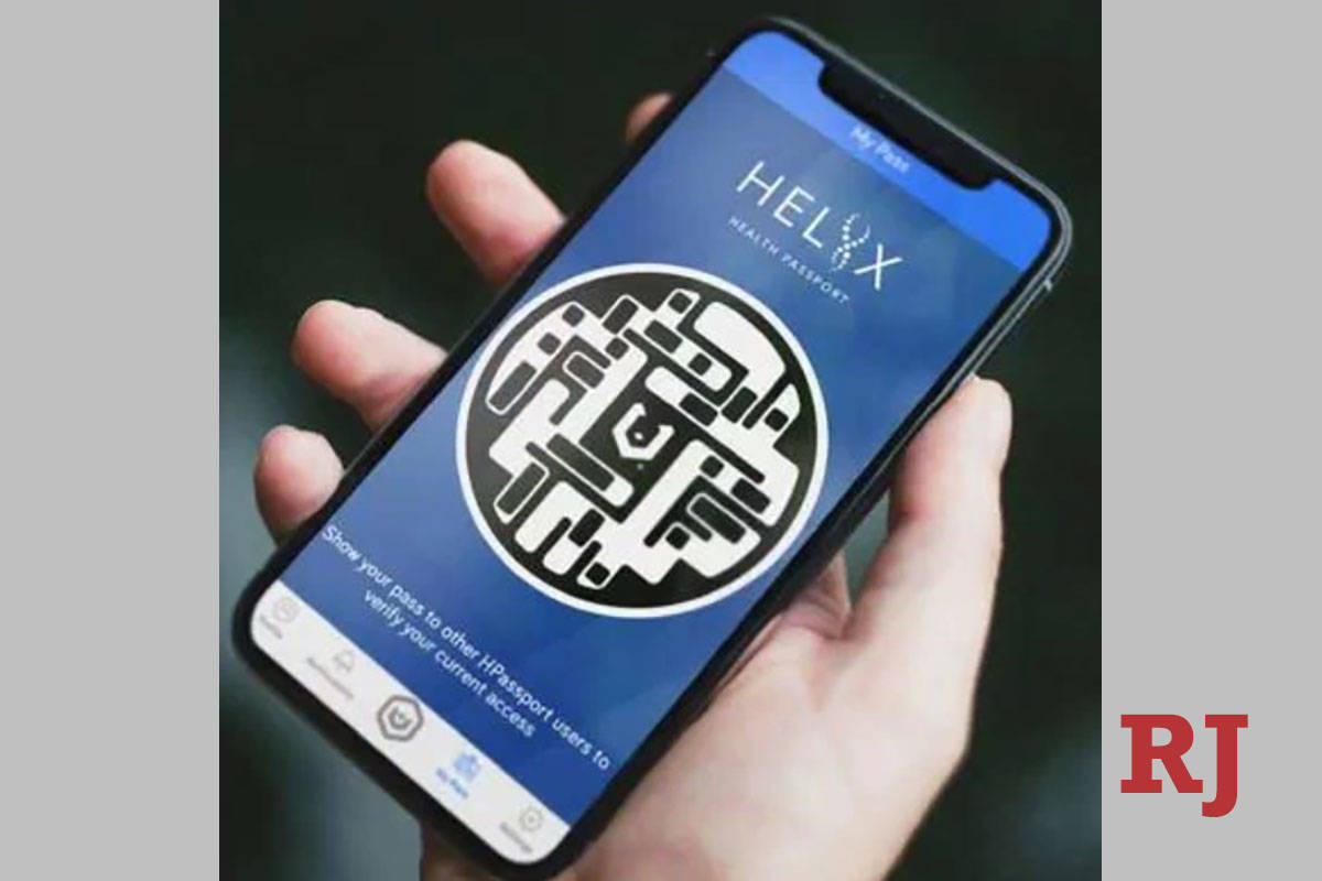 The Heliix Health Passport app shown on a smart phone. (Courtesy, Reviv Global)