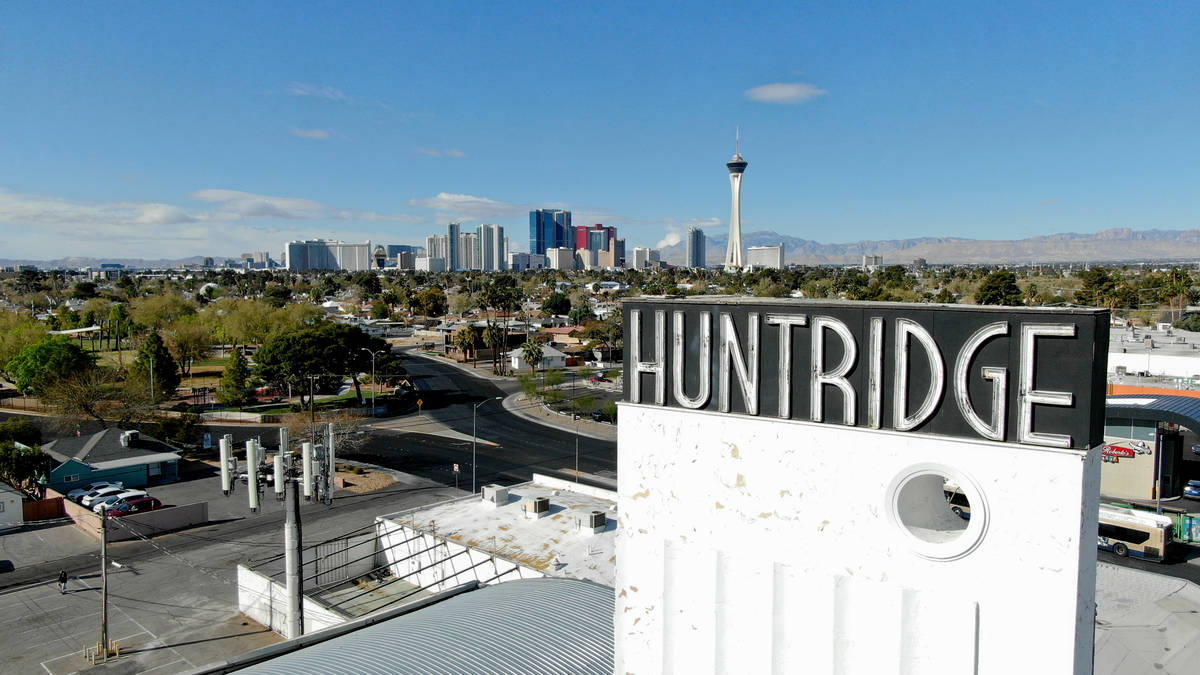 An aerial view of the Huntridge Theater in Las Vegas on Friday, March 26, 2021. (Michael Quine/ ...