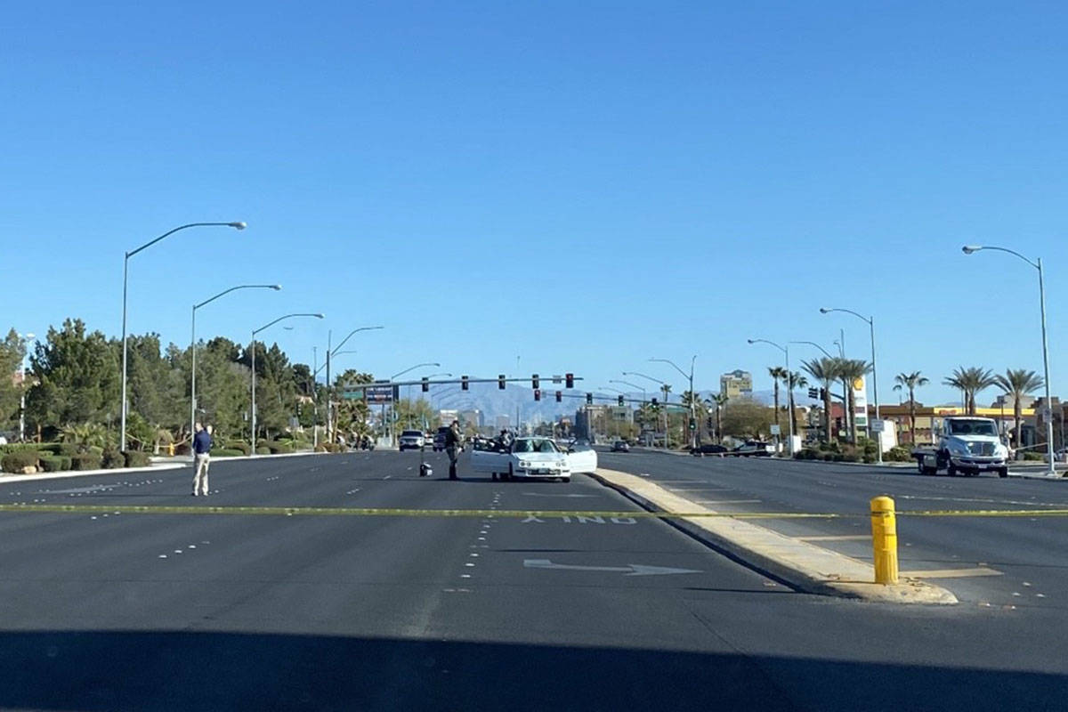 Police investigate a fatal crash involving a pedestrian Sunday, March 28, 2021, on Las Vegas an ...