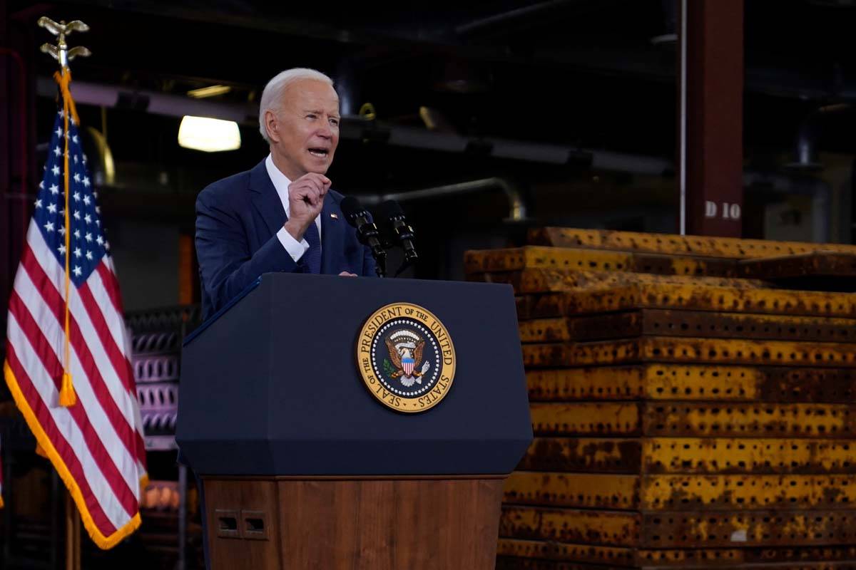 President Joe Biden delivers a speech on infrastructure spending at Carpenters Pittsburgh Train ...