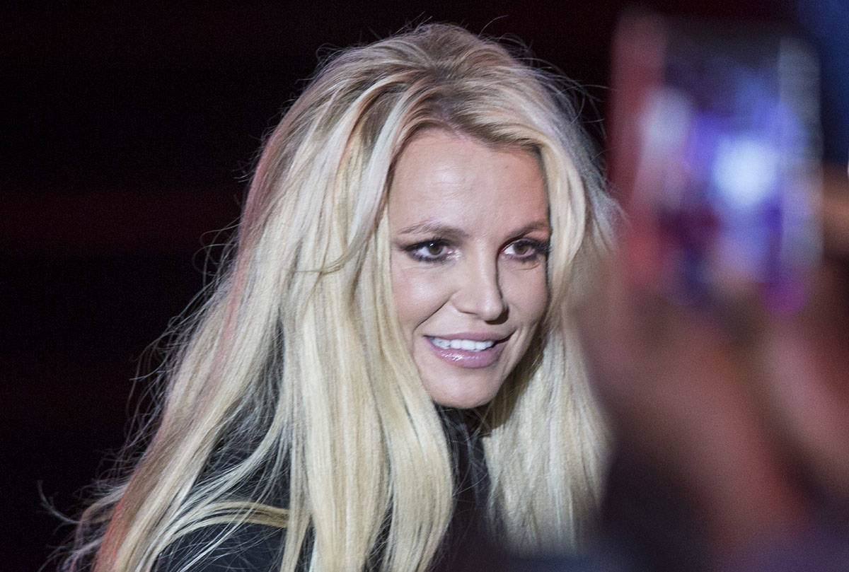 Britney Spears is shown during an event to announce her new residency at The Park Theater at Pa ...