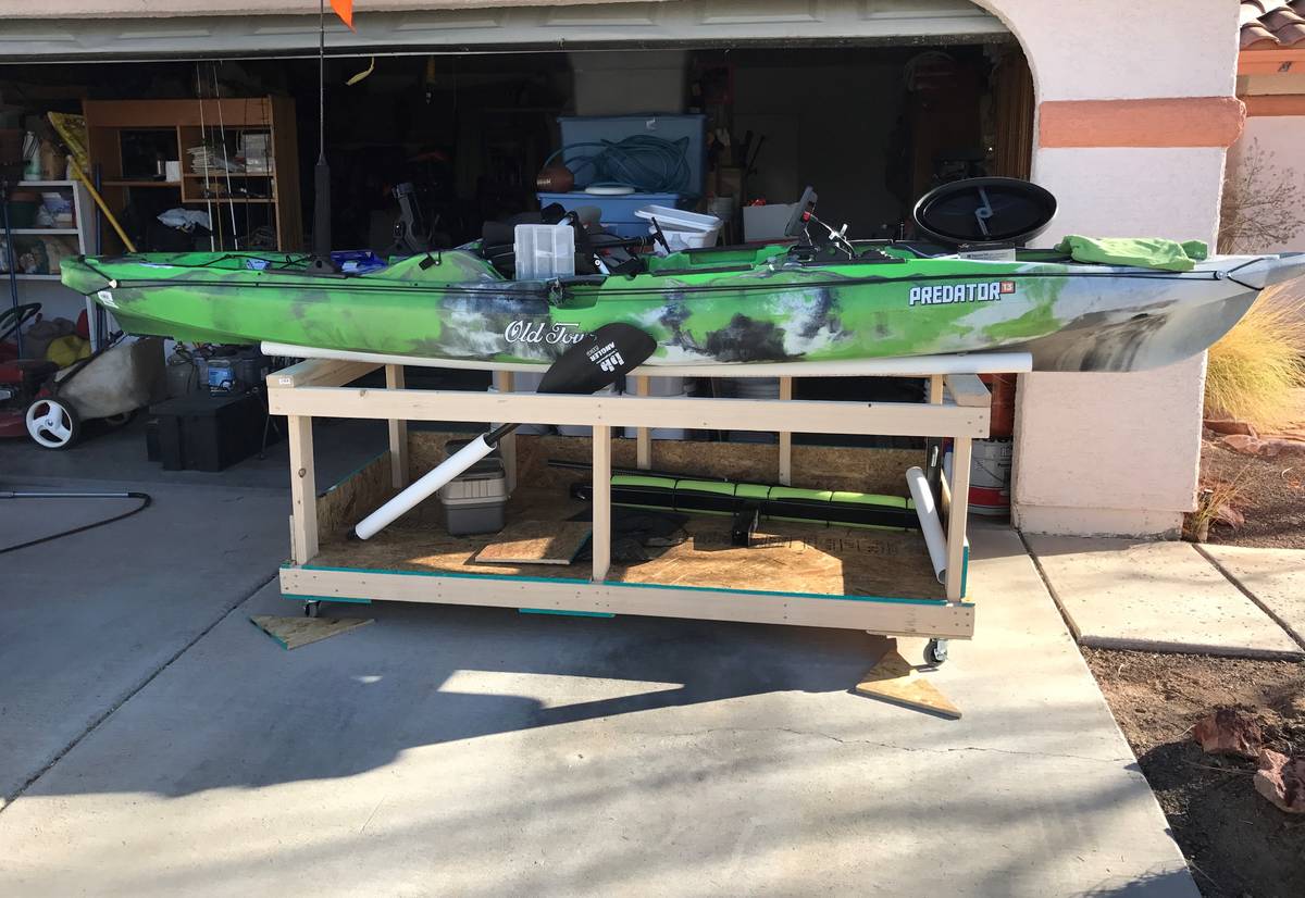 Storing your fishing kayak in the desert can be challenge. The PVC rails on this homemade cart ...