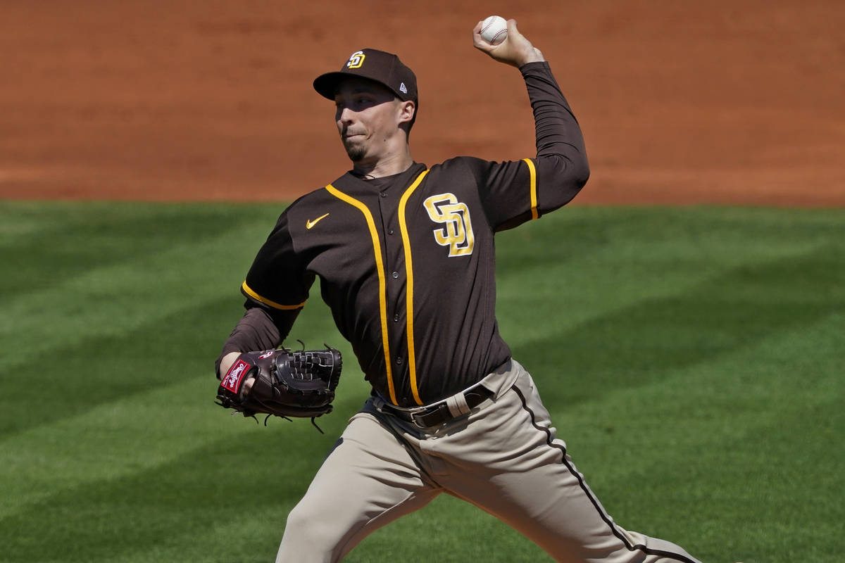 San Diego Padres starting pitcher Blake Snell throws against the Los Angeles Angels during the ...