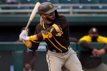 San Diego Padres' Fernando Tatis Jr. hits against the Oakland Athletics during the first inning ...