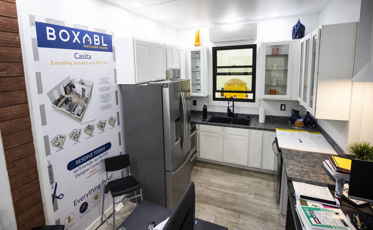 A kitchen area is seen inside an accessory dwelling units created by Boxabl at their research a ...