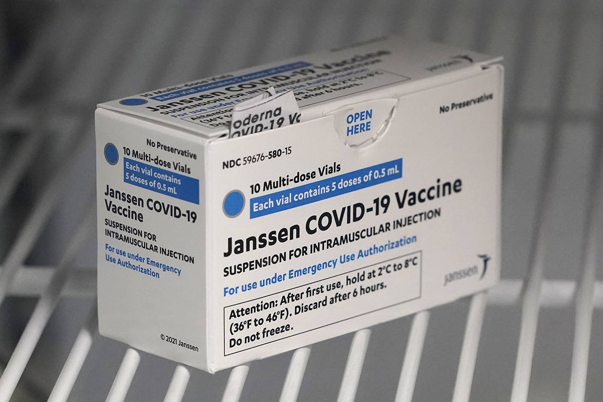 In this March 25, 2021 file photo, a box of the Johnson & Johnson COVID-19 vaccine is shown in ...