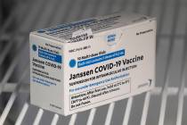 In this March 25, 2021 file photo, a box of the Johnson & Johnson COVID-19 vaccine is shown in ...