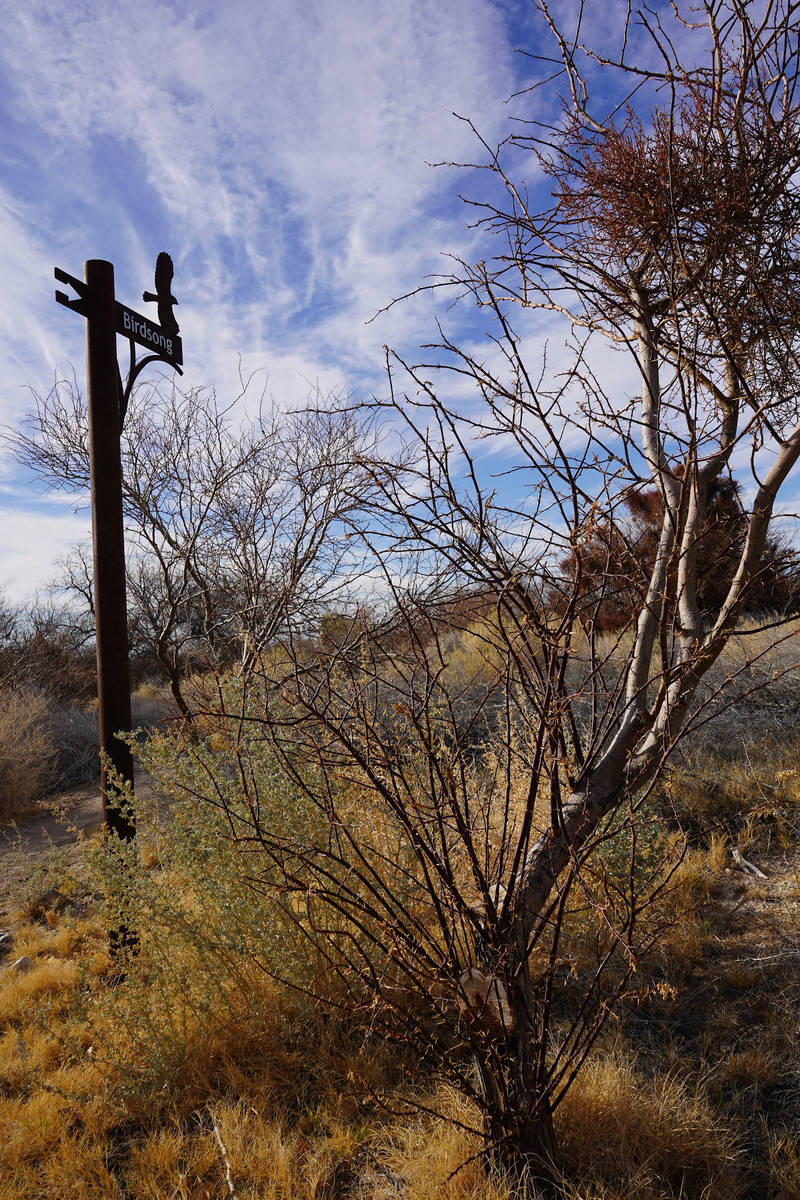 A sign marks the start of the Birdsong Trail at Corn Creek, which has a collection of five easy ...