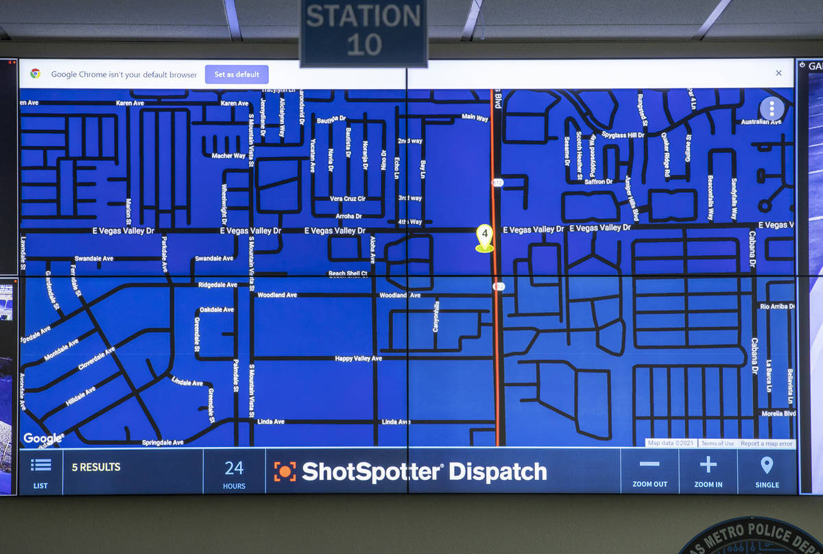 Electronic map with a ShotSpotter Dispatch program running within the Fusion Watch department a ...