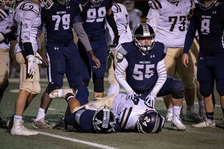 The Meadows' Blake Collier (55) gets up from a tackle against Lake Mead. He is one of three sen ...