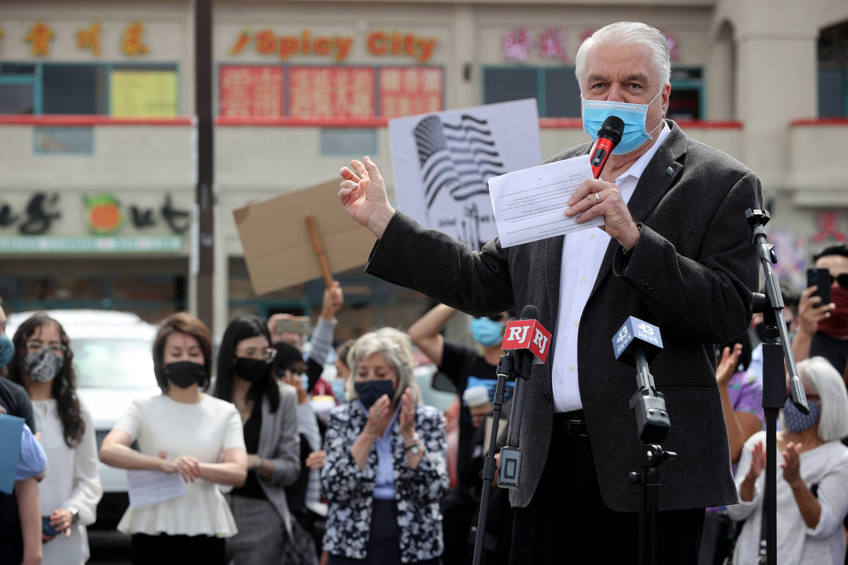 Nevada Gov. Steve Sisolak speaks at a "Stop Asian Hate" event at Chinatown mall Las V ...