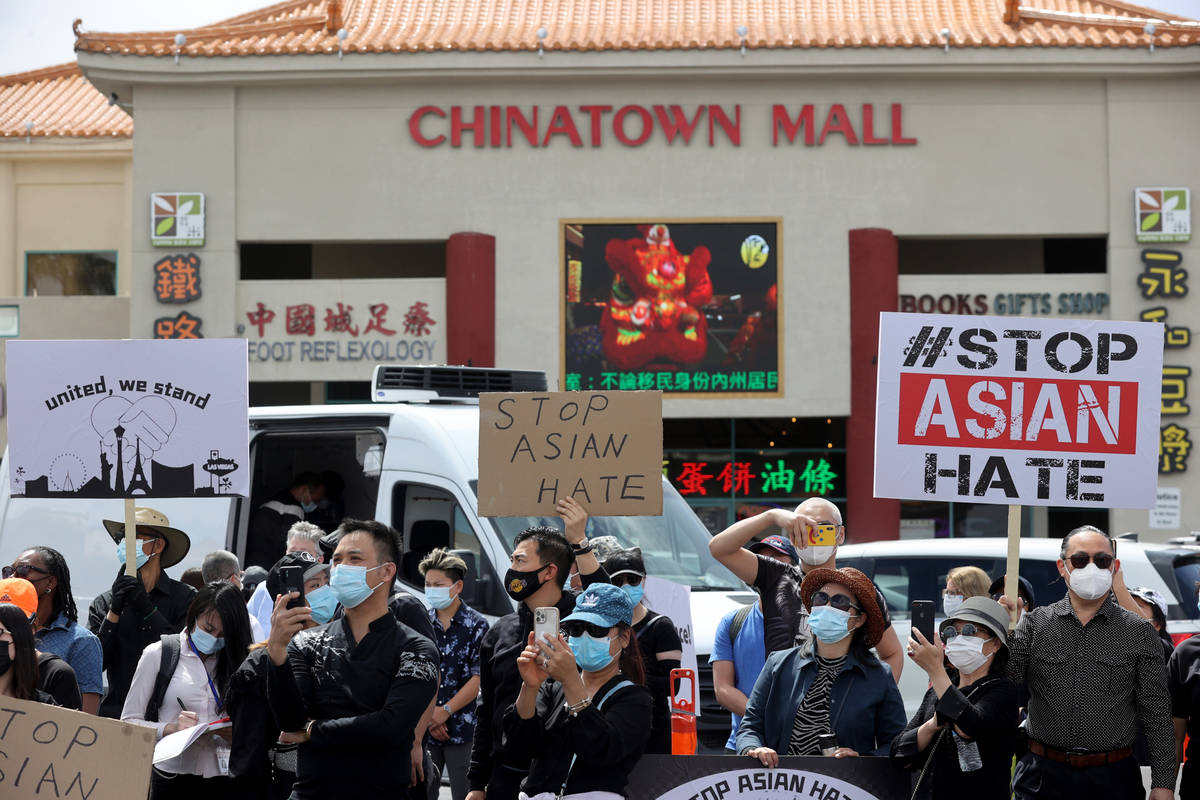 People rally at a "Stop Asian Hate" event at Chinatown Plaza Las Vegas Thursday, Apri ...