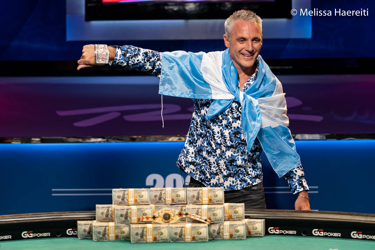 Damian Salas shows off his bracelet after winning the World Series of Poker Main Event title Su ...