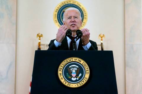 President Joe Biden speaks about the 500,000 Americans that died from COVID-19, Monday, Feb. 22 ...