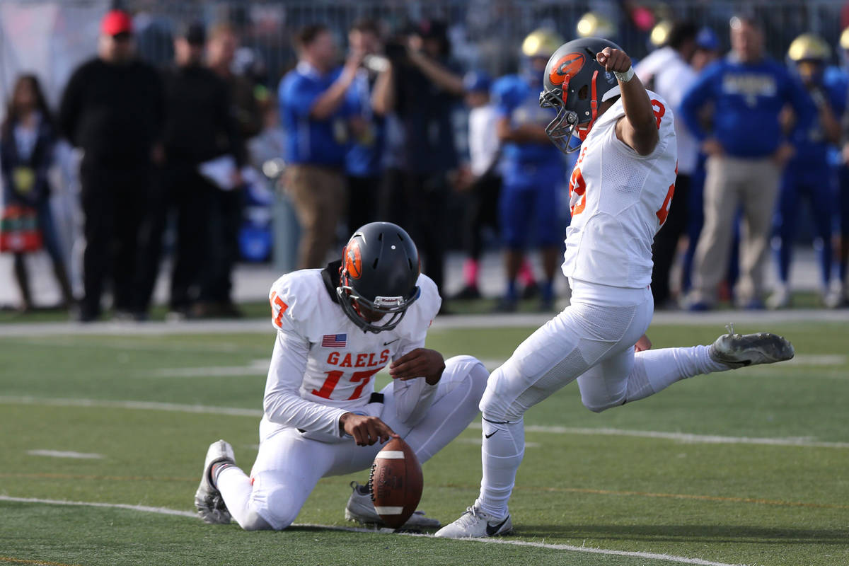 Bishop Gorman kicker Derek Ng competes in the NIAA 4A state championship football game in Reno, ...