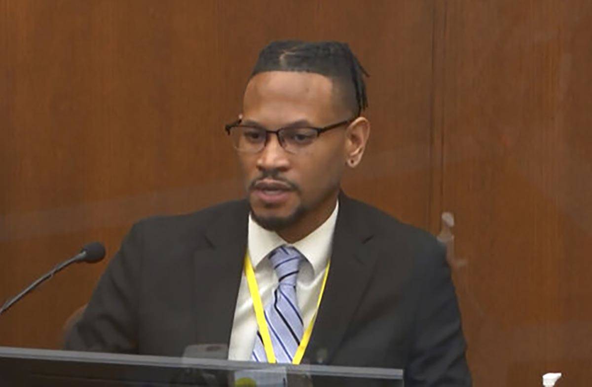 In this image from video, witness Minneapolis Police sergeant John Edwards testifies as Hennepi ...