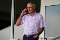 Major League Baseball commissioner Rob Manfred speaks on his phone as he watches a spring train ...