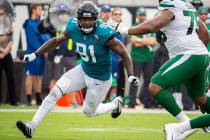 FILE - In this Oct. 27, 2019, file photo, Jacksonville Jaguars defensive end Yannick Ngakoue (9 ...